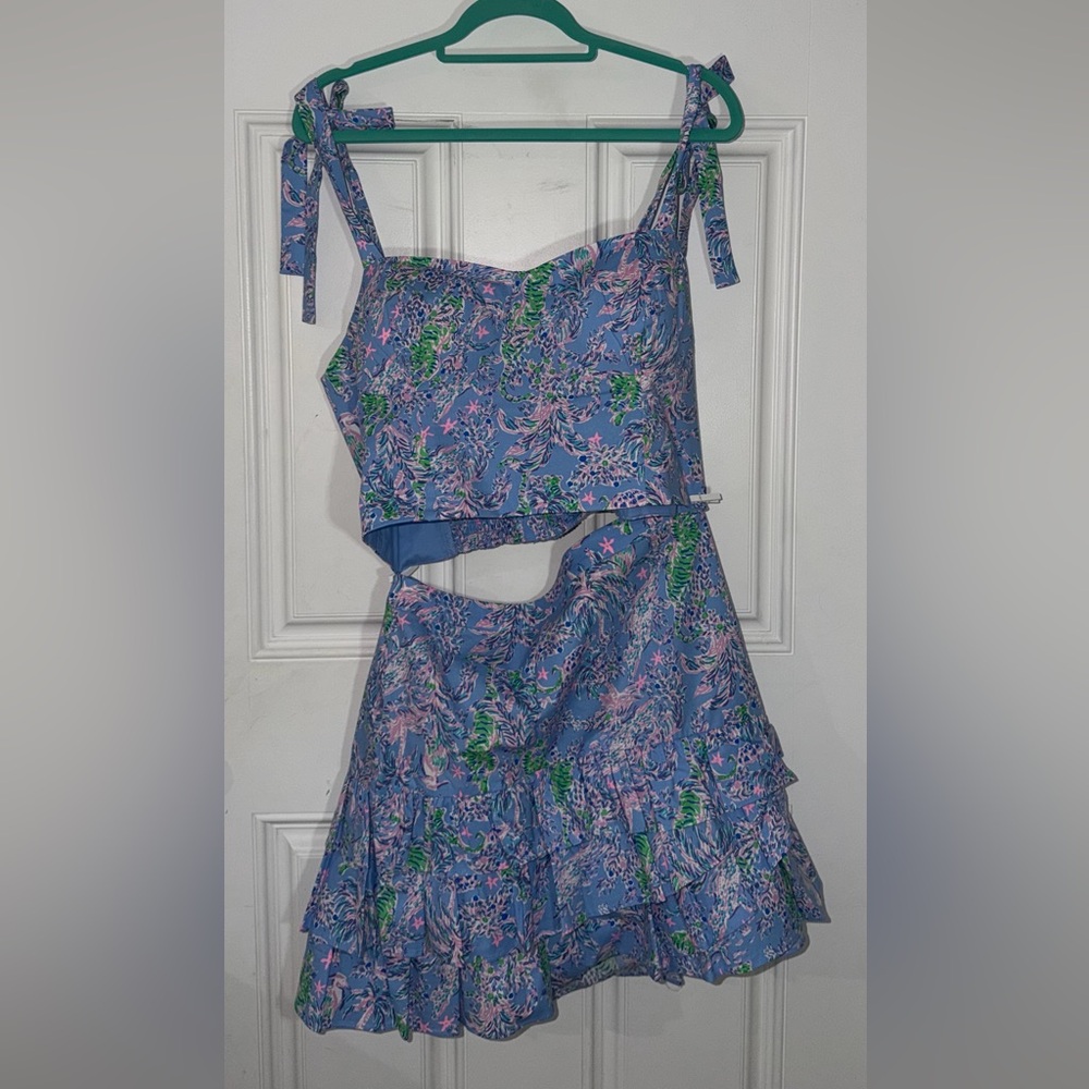 Lilly Pulitzer Vibrant Blue and Pink Patterned skirt and top set